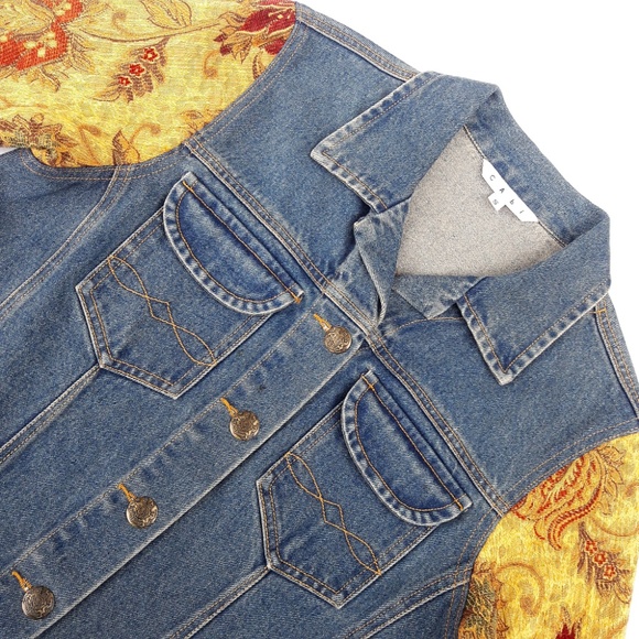 dup CAbi Jean Denim Jacket Gold Tapestry Brocade Sleeves Pockets S - Picture 3 of 8